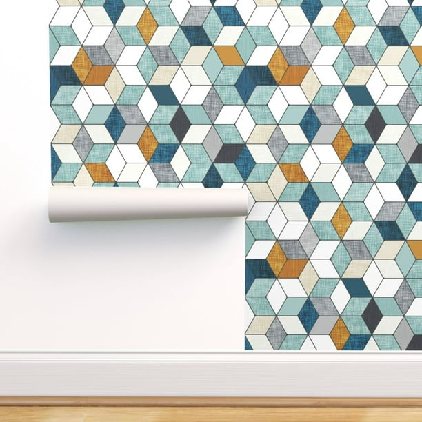 Peel-and-Stick Removable Wallpaper Hexagons Mint Navy Blue Mustard,